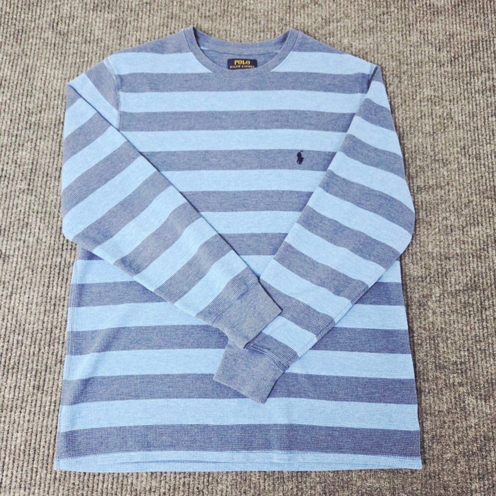Polo Ralph Lauren Mens XL Blue Striped Waffle Knit Thermal Long Sleeve Sleepwear